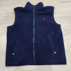 Polo Ralph Lauren Mens Fleece Mock Neck Full Zip Sweater Vest Navy Blue Medium